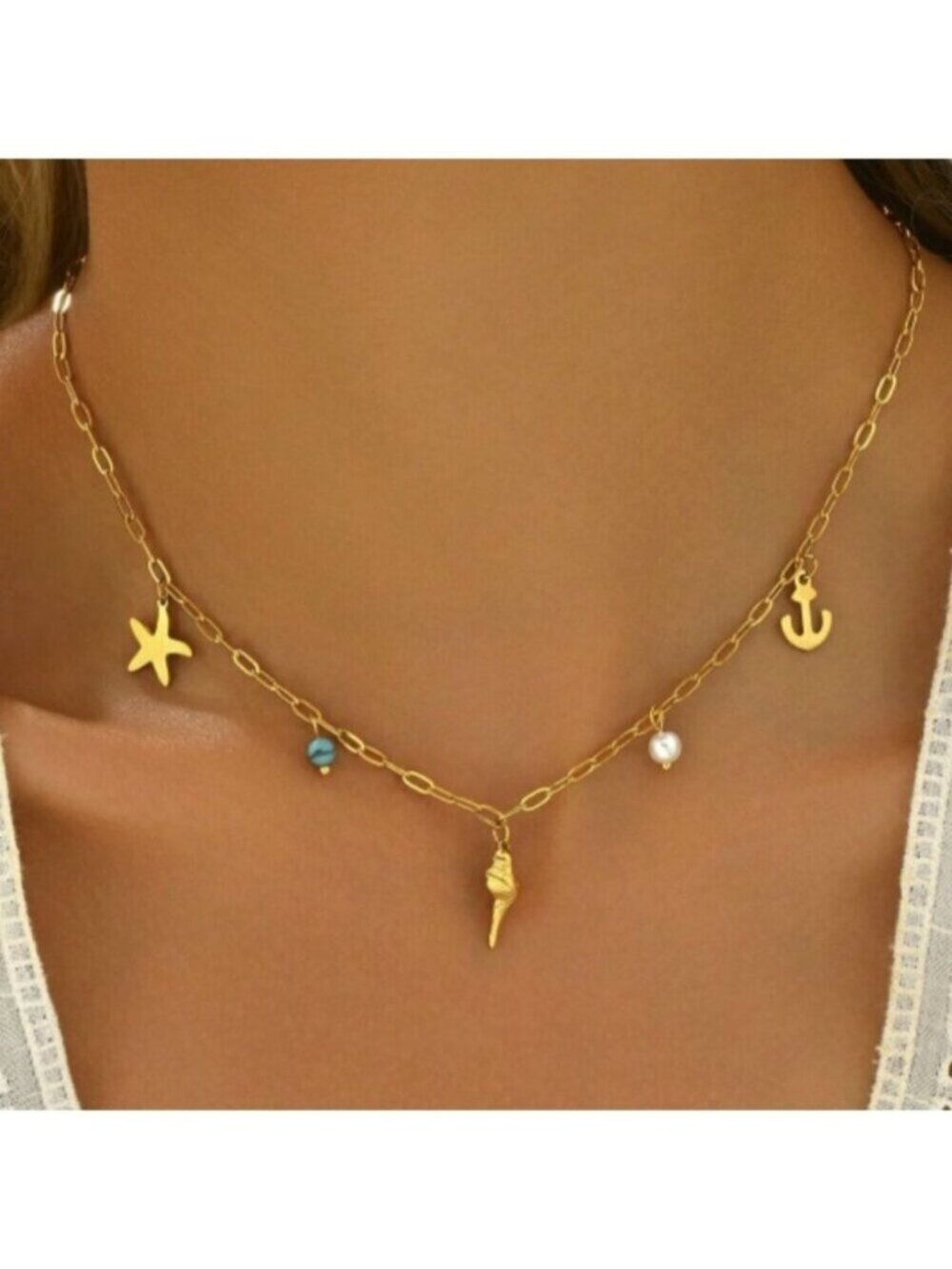 18K Gold Filled Nautical Charm Necklace – Starfish, Shell & Anchor - Picture 2 of 3